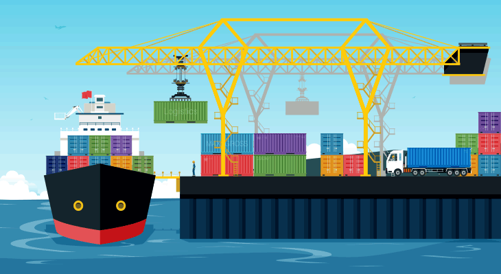 Container-Schiff wird mit Kran beladen