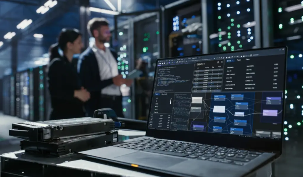 Ein Laptop steht auf einem Wagen neben Festplatten in einem Rechenzentrum. Zwei Personen besprechen Netzwerkinfrastruktur und Serverwartung zwischen Server-Racks.