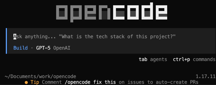 Der Startbildschirm von OpenCode 