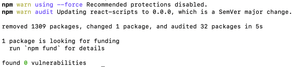 Ergebnis von des Aufrufs von npm audit fix --force