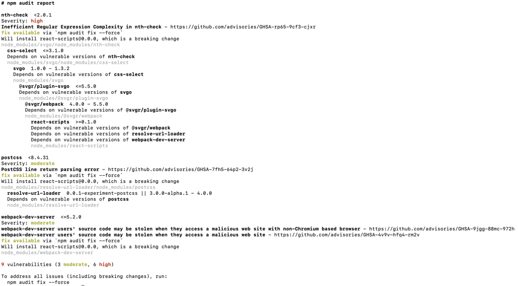 Vulnerabilitätsreport des Befehls npm audit 