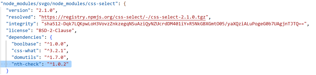 Die Sub-Dependency nth-check wird vom Package css-select@2.1.0 auf die Major-Version 1.x.x beschränkt.