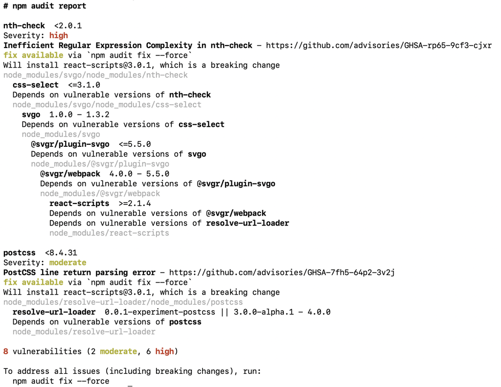 Der npm-audit Report, nach dem Update von webpack-dev-server