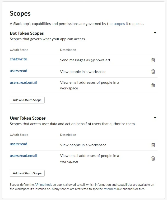 Berechtigungsumfang Slack-Anwendung