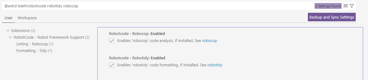 Die Erweiterungen Robocop und Robotidy sind ausgewählt.