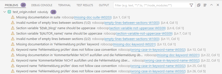 Beispiel mit Liste von Problemen bei Robotidy.