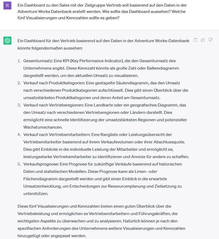 Rückmeldung von ChatGPT bezüglich der Inhalte für ein Sales Dashboard
