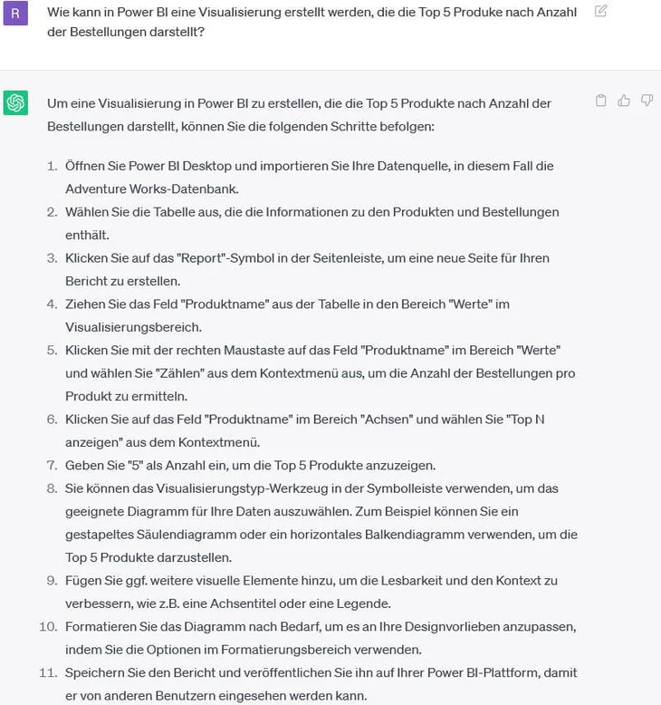 ChatGPT Anleitung zur Erstellung eines Visuals für die Top 5 Produkte in Power BI