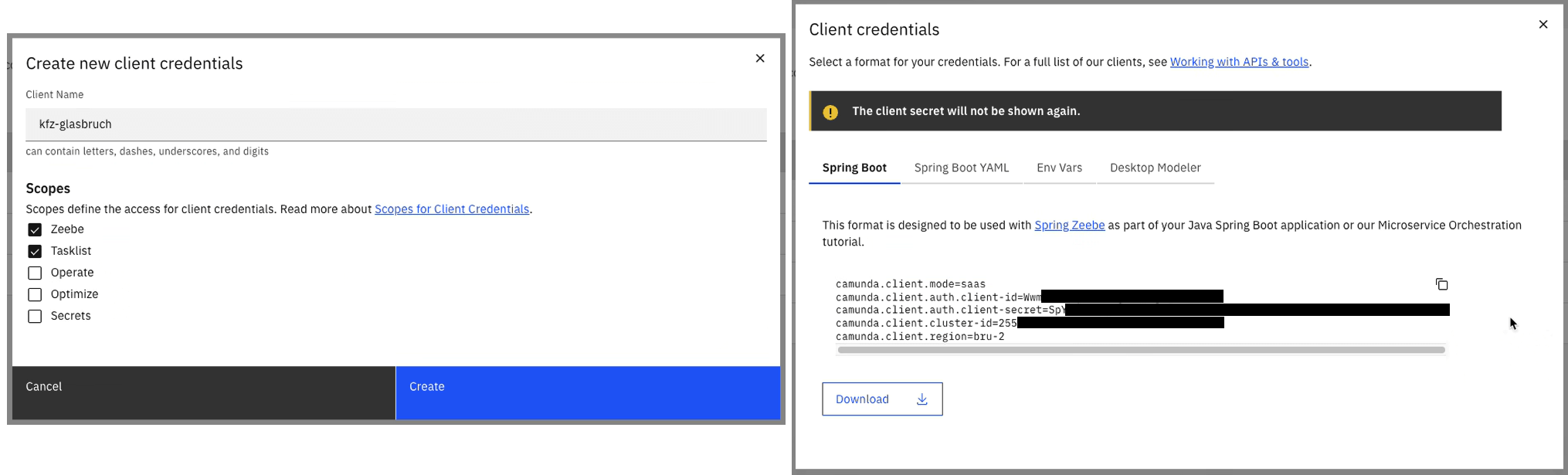 Anlage eines Zeebe Clients in der Camunda Console.