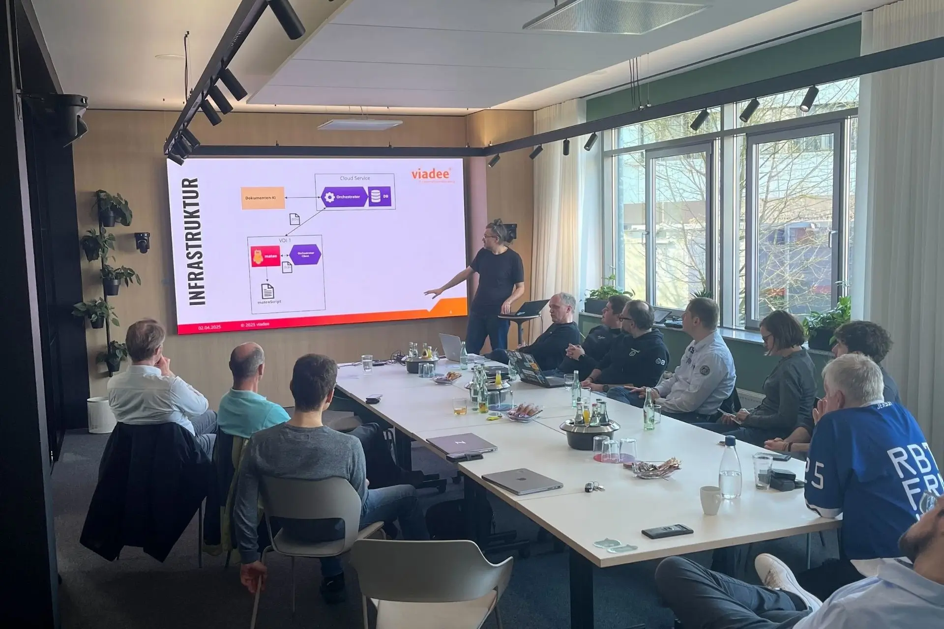 Die Robot Framework Usergroup Münsterland sitzt an einem Tisch in den Räumlichkeiten der viadee und folgt einem Vortrag.