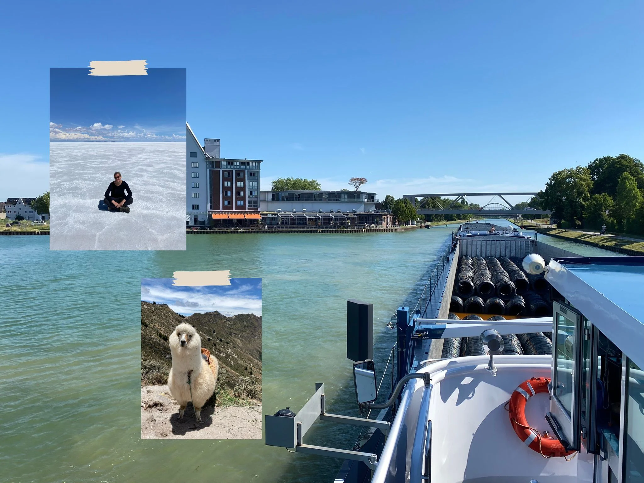 Fotocollage von Nicole Neunhöffer in einer Salzwüste im Schneidersitz auf dem Boden und einem Alpaka in Südamerika.