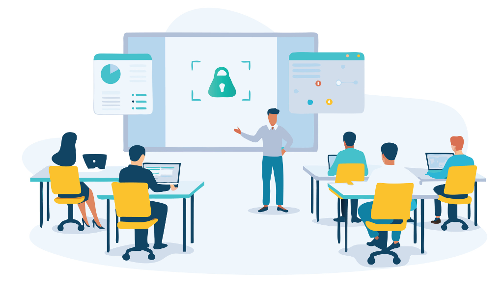 Eine Gruppe von Mitarbeitenden sitzt an Tischen in einem Schulungsraum, während ein Referent an einer Leinwand mit einem Schlosssymbol präsentiert, was die Verbesserung der Sicherheitskultur und Informationssicherheit thematisiert.