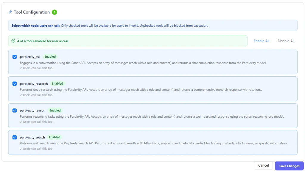 Konfiguration des Tools „Perplexity“ für eine Benutzergruppe