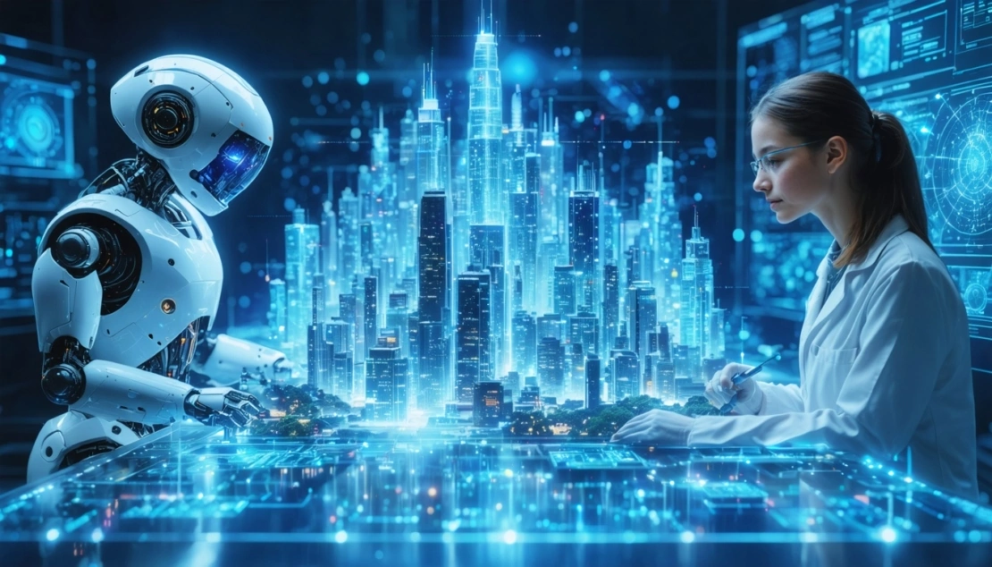 Roboter als Bild für KI und Mensch sitzen sich gegenüber in einer digitalisierten Landschaft.