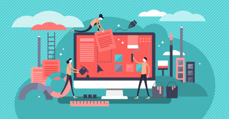 Eine Illustration zeigt Personen, die an einem Computer arbeiten und dabei Elemente wie Texte und Grafiken gestalten, um einen lebendigen digitalen Raum zu schaffen.